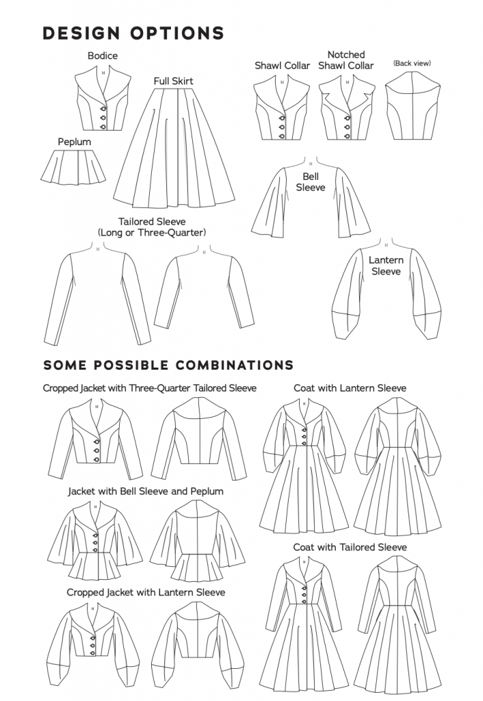 Line art of the many options for Charm's Princess Coat sewing pattern.