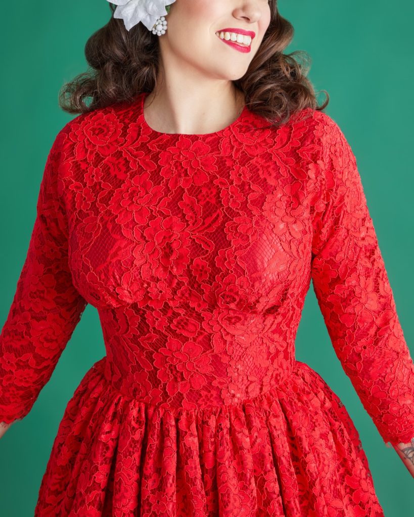 Peggy Bodice dress in red lace by Charm Patterns.