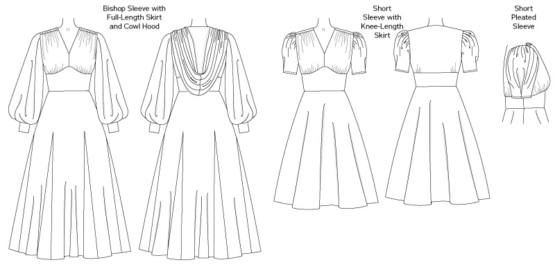 Line art illustration for the Society Dress from Charm Patterns by Gertie.