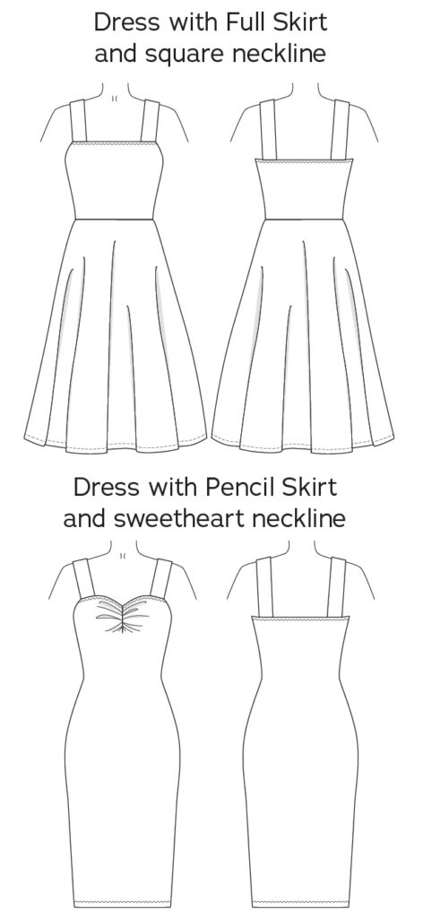 Sophia Dress sewing pattern line art from Charm Patterns