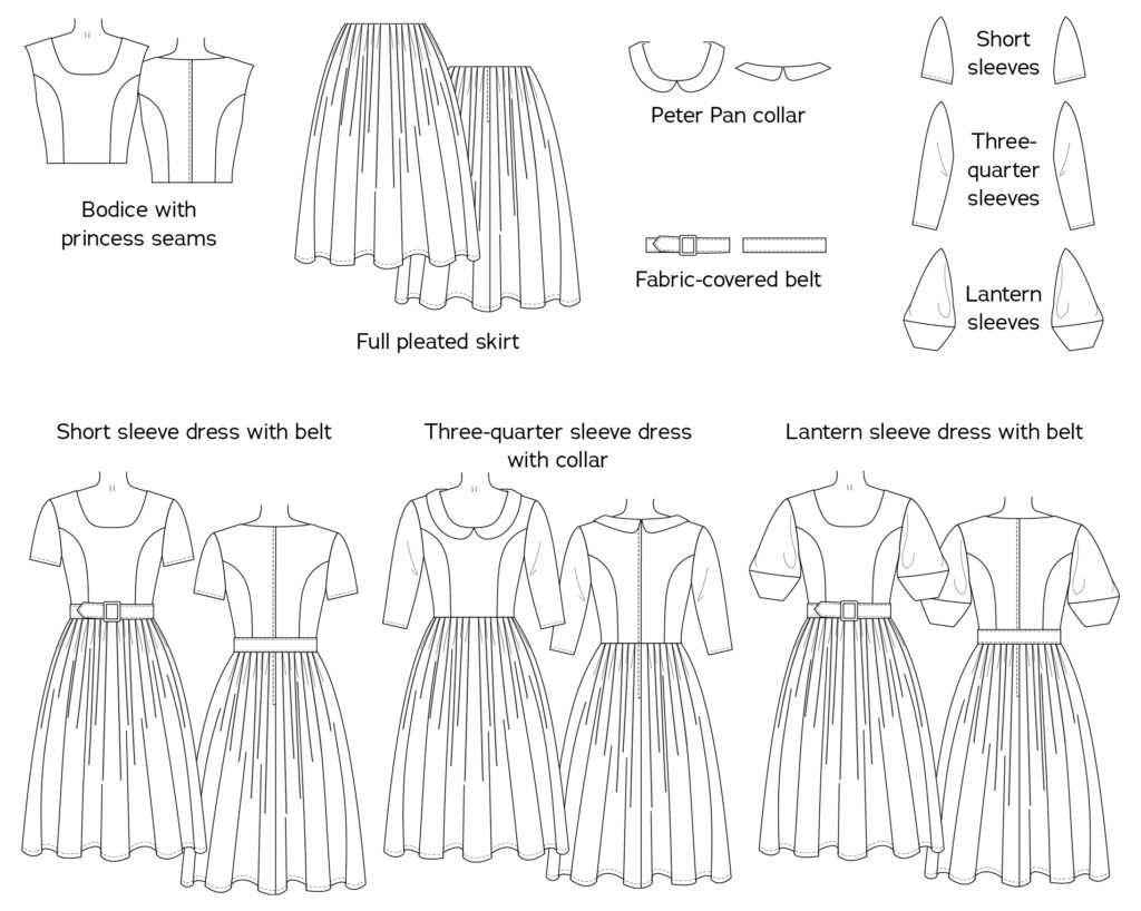 Line art for the Maria Dress vintage-inspired sewing pattern from Charm Patterns.