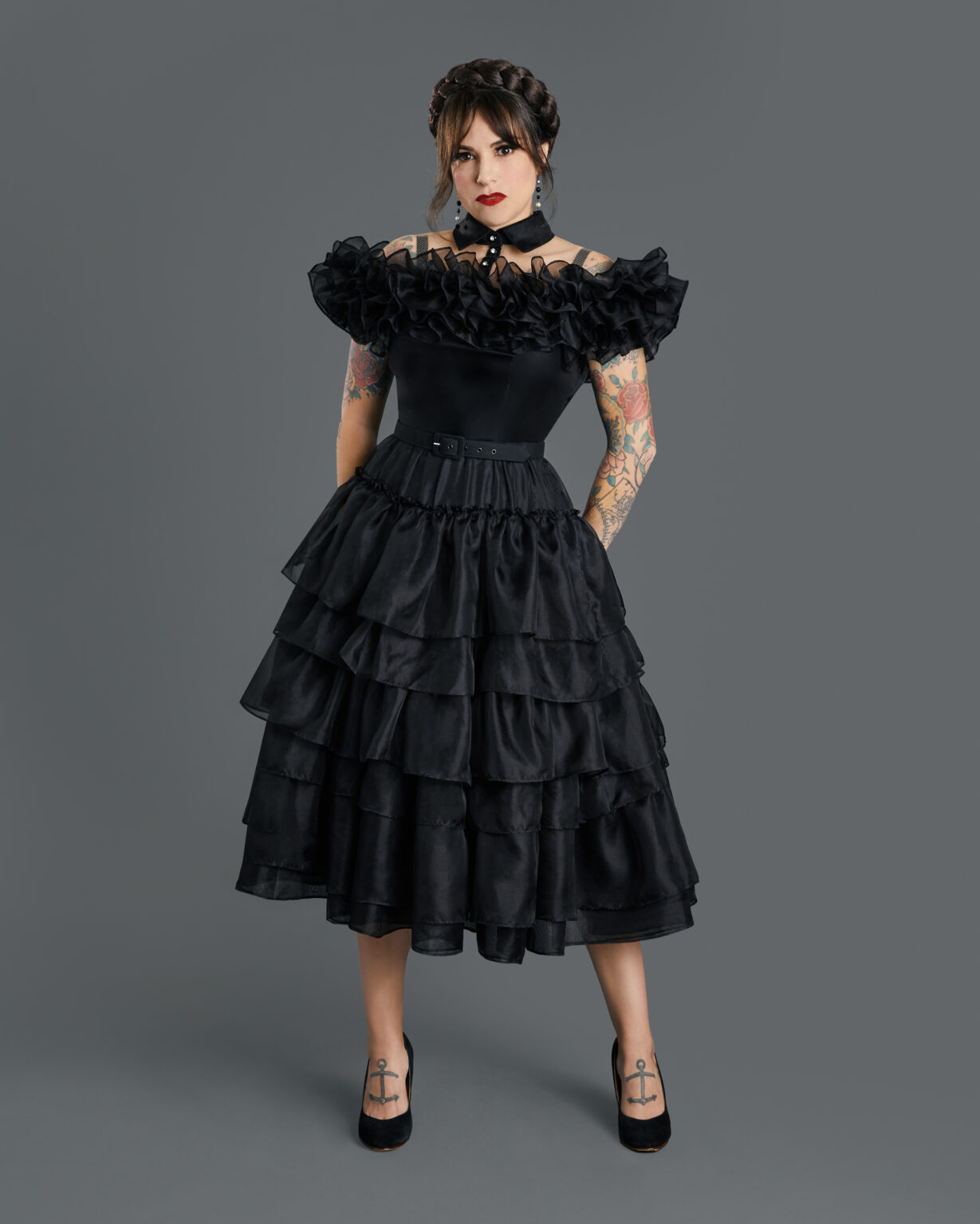 Wednesday Addams Costume For Women - Adult Halloween Fancy Dress Outfit,  Black Dress With Thing Hand Prop