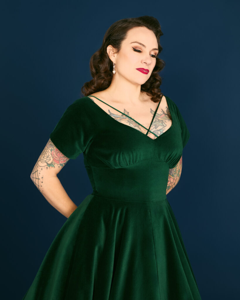 The green velvet White Christmas dress sewing pattern from Charm Patterns.