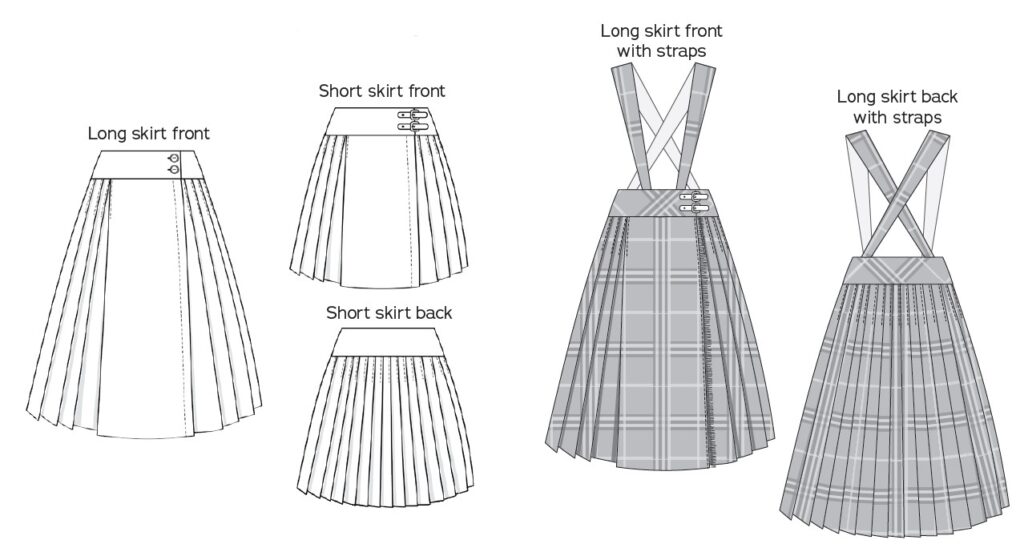 Charm Patterns Pep Rally Skirt pleated skirt kilt sewing pattern line art.