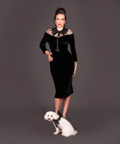 Gertie wearing the Charm Patterns leather Bat Collar sewing pattern