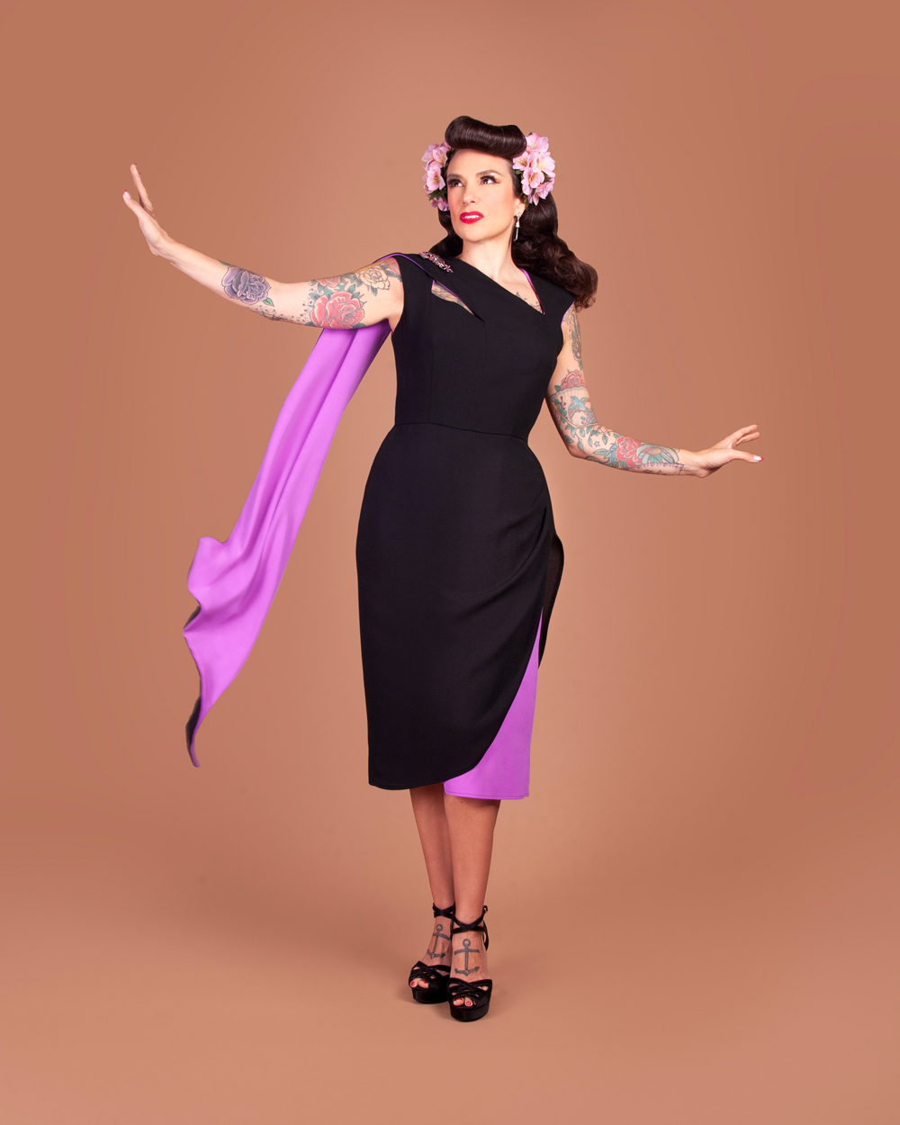 Gertie wearing a dress made from the Carmen Bodice and Overlay sewing patterns.