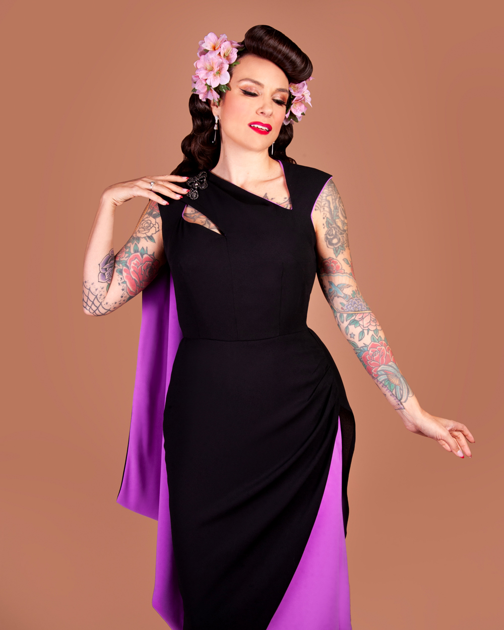 Gertie wearing a dress made from the Carmen Bodice and Overlay sewing patterns.