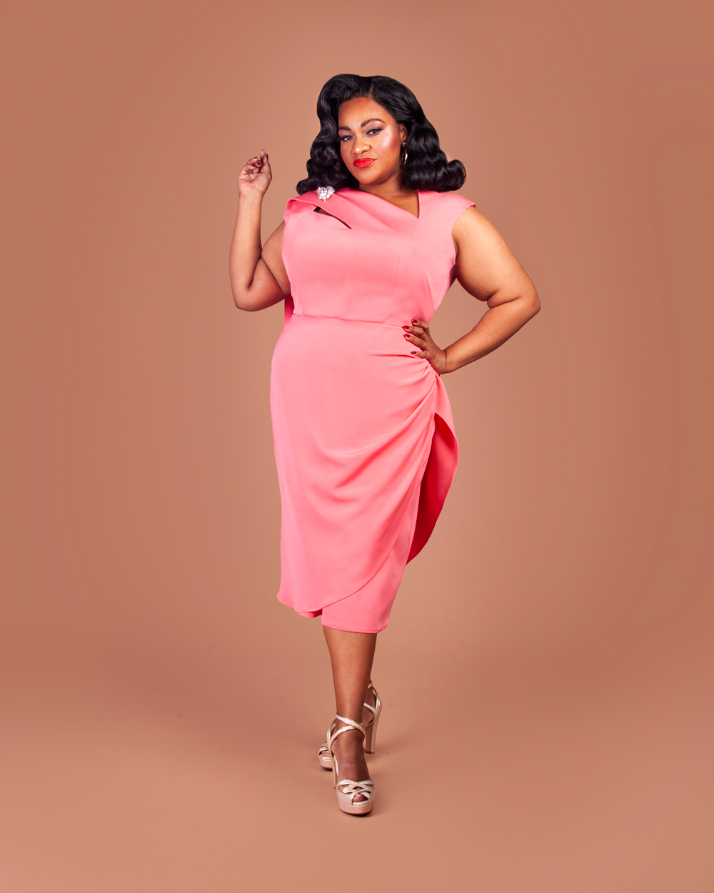 Susie wearing a dress made from the Carmen Bodice and Overlay sewing patterns.