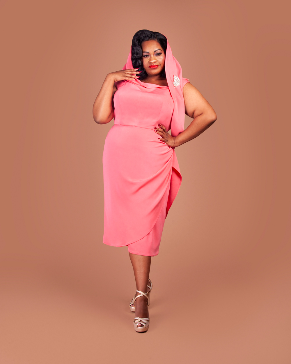 Susie wearing a dress made from the Carmen Bodice and Overlay sewing patterns.