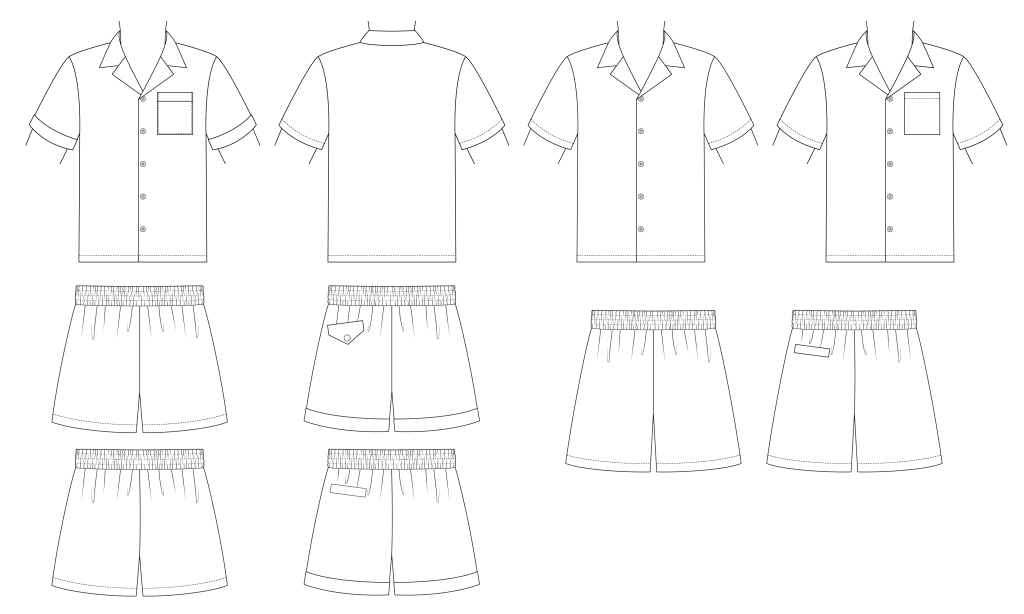 Line art for the Charm Cabana Set sewing pattern