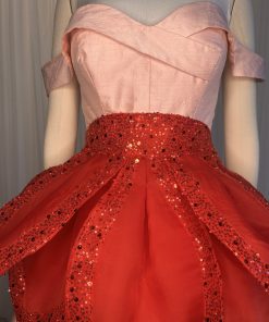 Charm Poinsettia Apron sewing pattern in red silk organza with beaded tulle