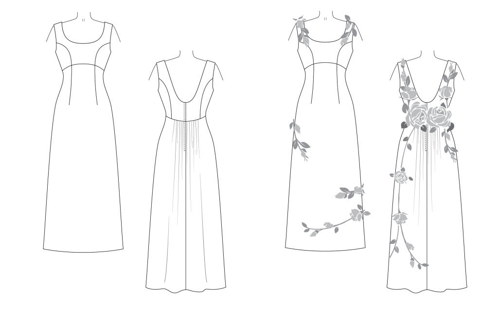 Line art for the American Beauty Gown Expansion pattern with rose details