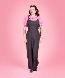 Gertie wearing the Make Do and Mend Overalls with a Marlene Blouse.