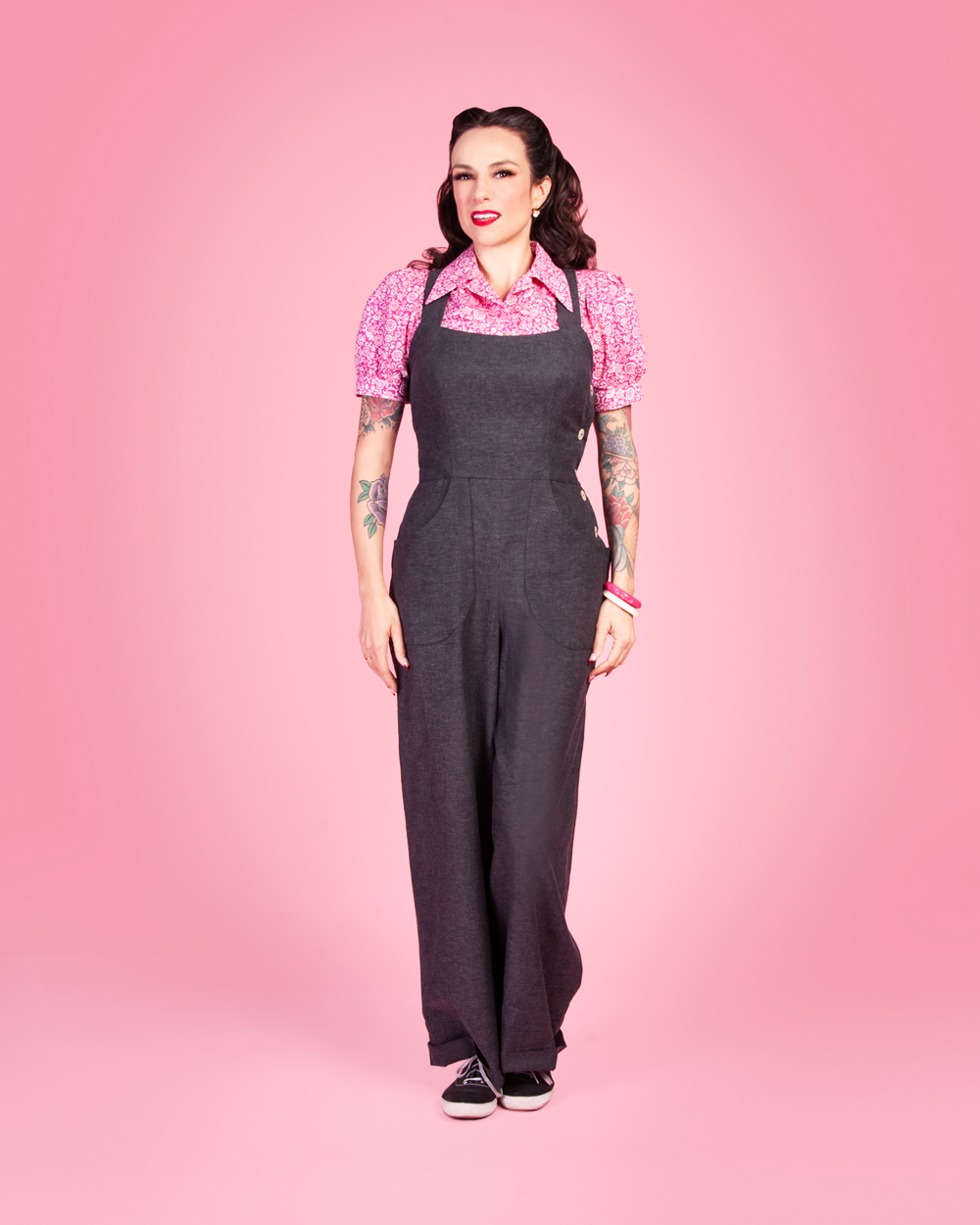 Gertie wearing the Make Do and Mend Overalls with a Marlene Blouse.
