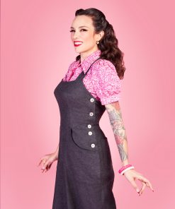 Gertie wearing the Make Do and Mend Overalls with a Marlene Blouse.