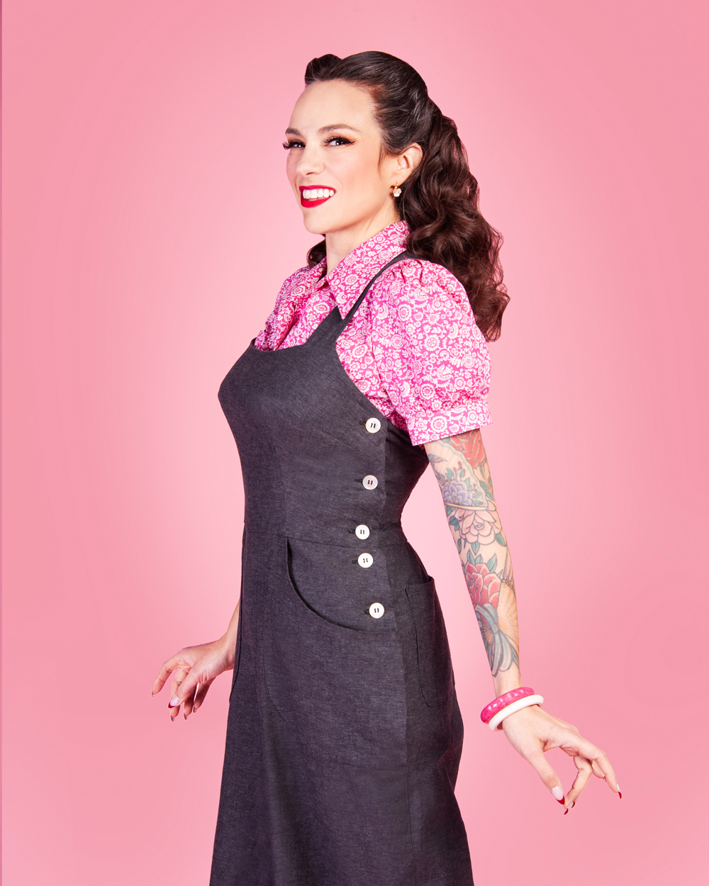 Gertie wearing the Make Do and Mend Overalls with a Marlene Blouse.