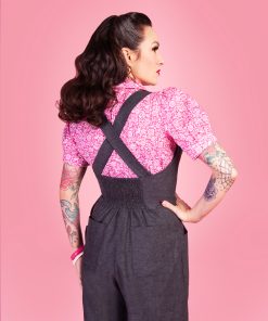 Gertie wearing the Make Do and Mend Overalls with a Marlene Blouse.