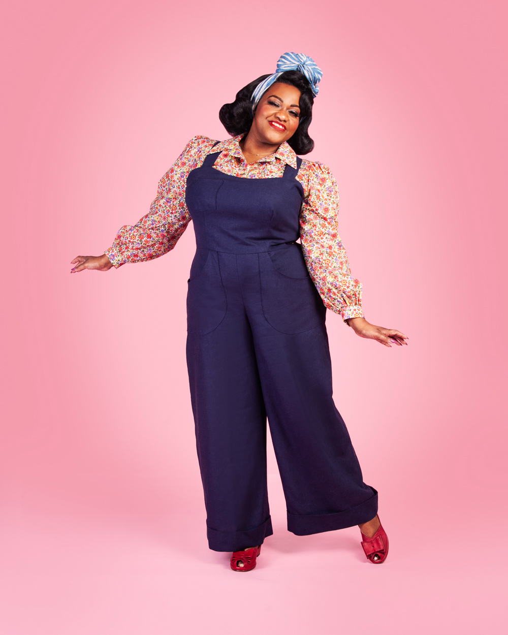 Susie wearing the Make Do and Mend Overalls with a Marlene Blouse.