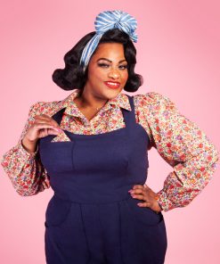 Susie wearing the Make Do and Mend Overalls with a Marlene Blouse.