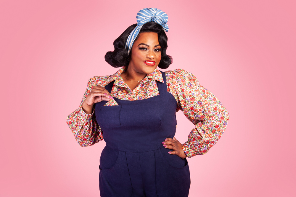 Susie wearing the Make Do and Mend Overalls with a Marlene Blouse.