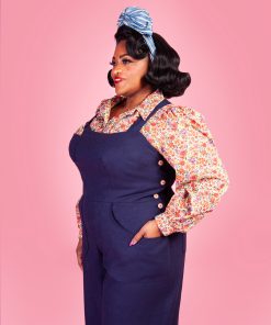 Susie wearing the Make Do and Mend Overalls with a Marlene Blouse.