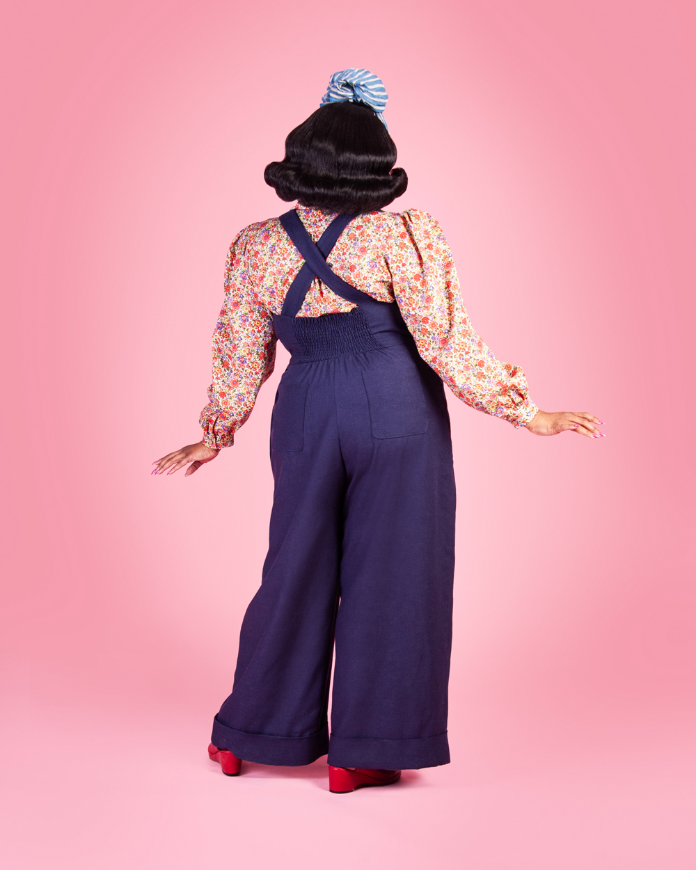 Susie wearing the Make Do and Mend Overalls with a Marlene Blouse.