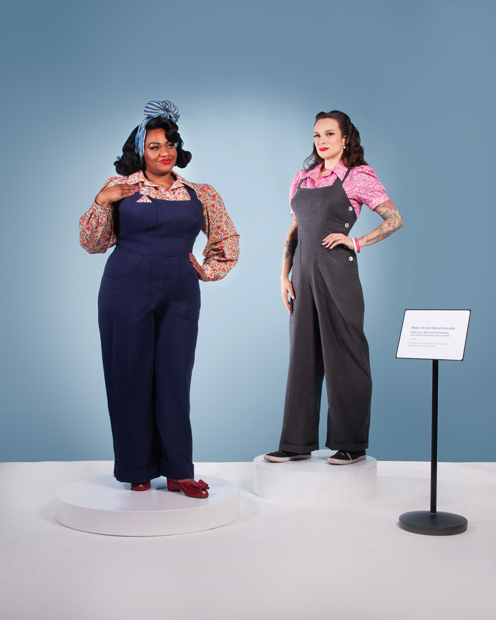 Gertie and Susie wearing the Make Do and Mend Overalls and Marlene Blouse.
