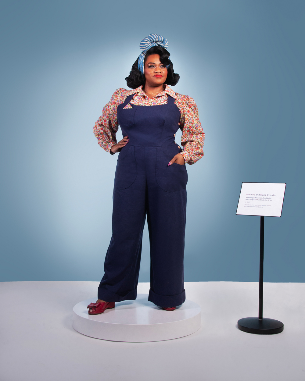 Susie wearing the Make Do and Mend Overalls with a Marlene Blouse.