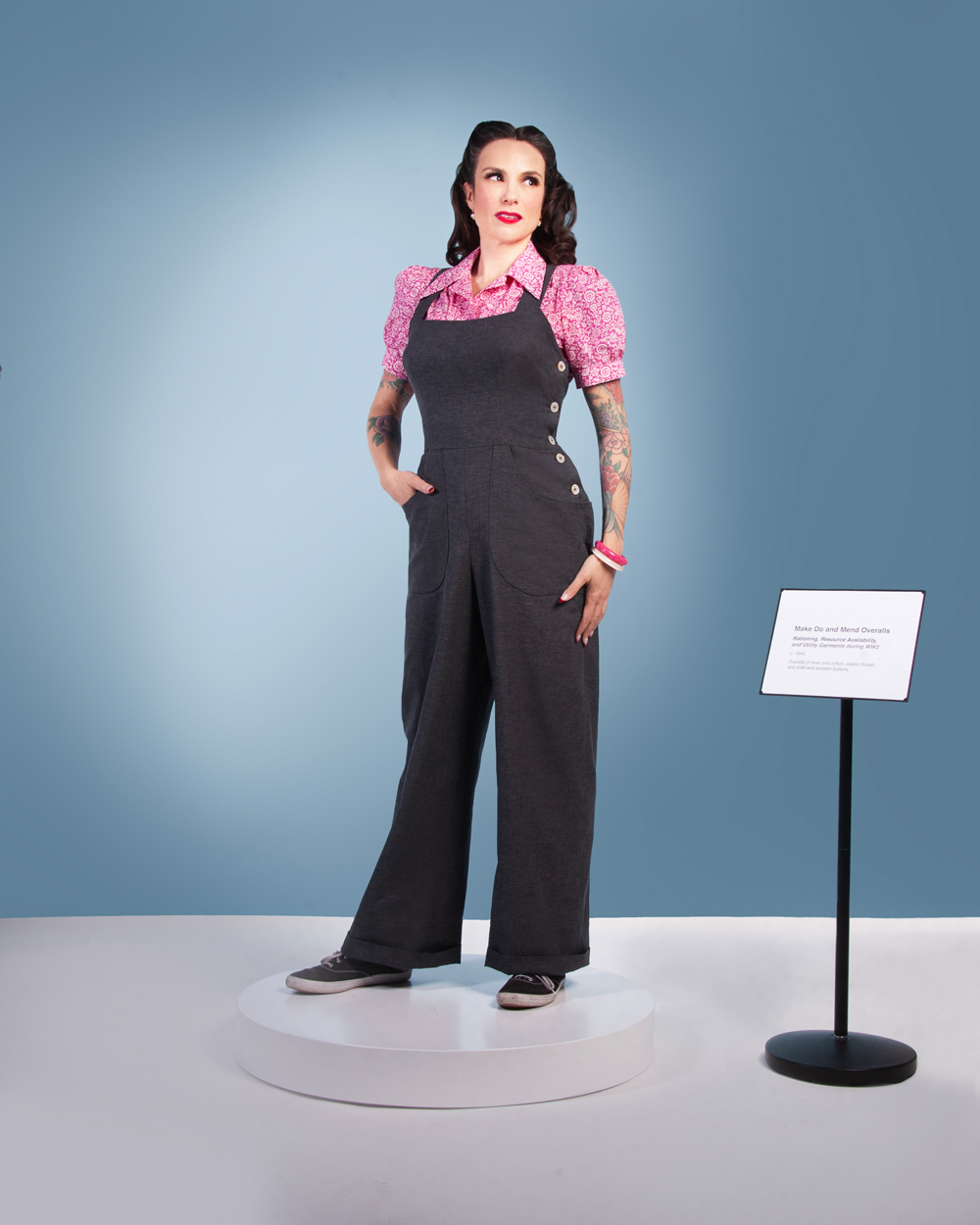 Gertie wearing the Make Do and Mend Overalls with a Marlene Blouse.