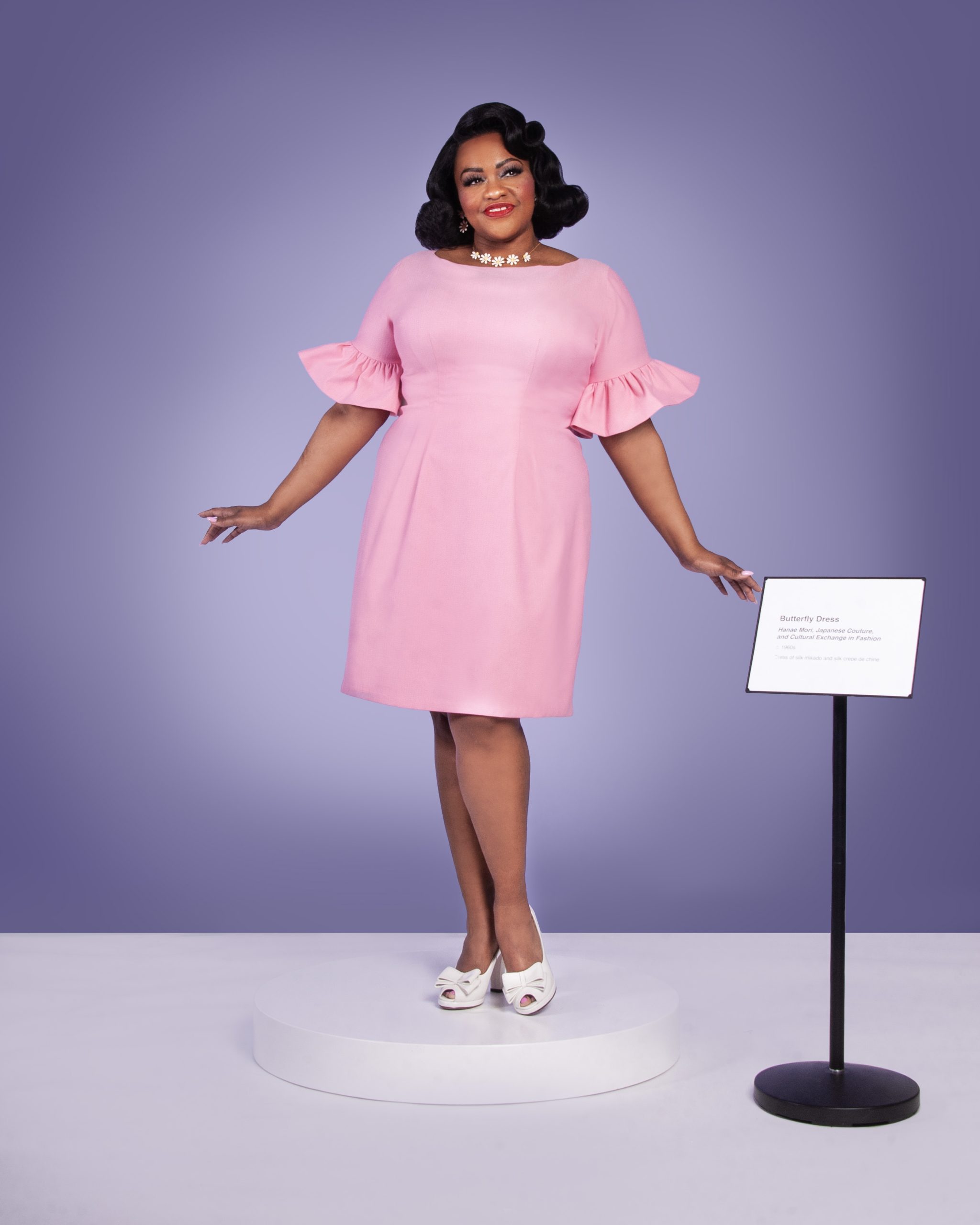 Susie Dahl wearing the Butterfly Dress sewing pattern from Charm Patterns.