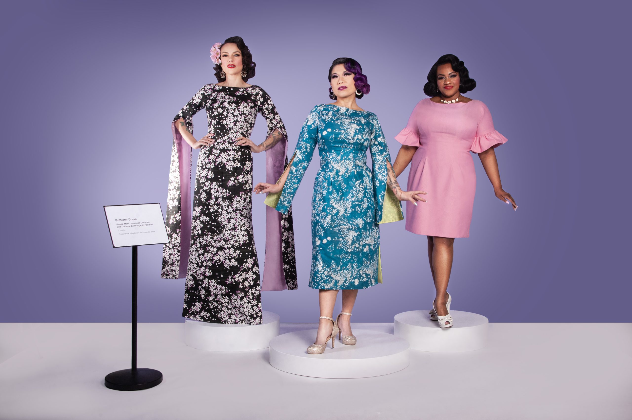 Gertie, Calamity Chang, and Susie Dahl wearing the Butterfly Dress sewing pattern from Charm Patterns.