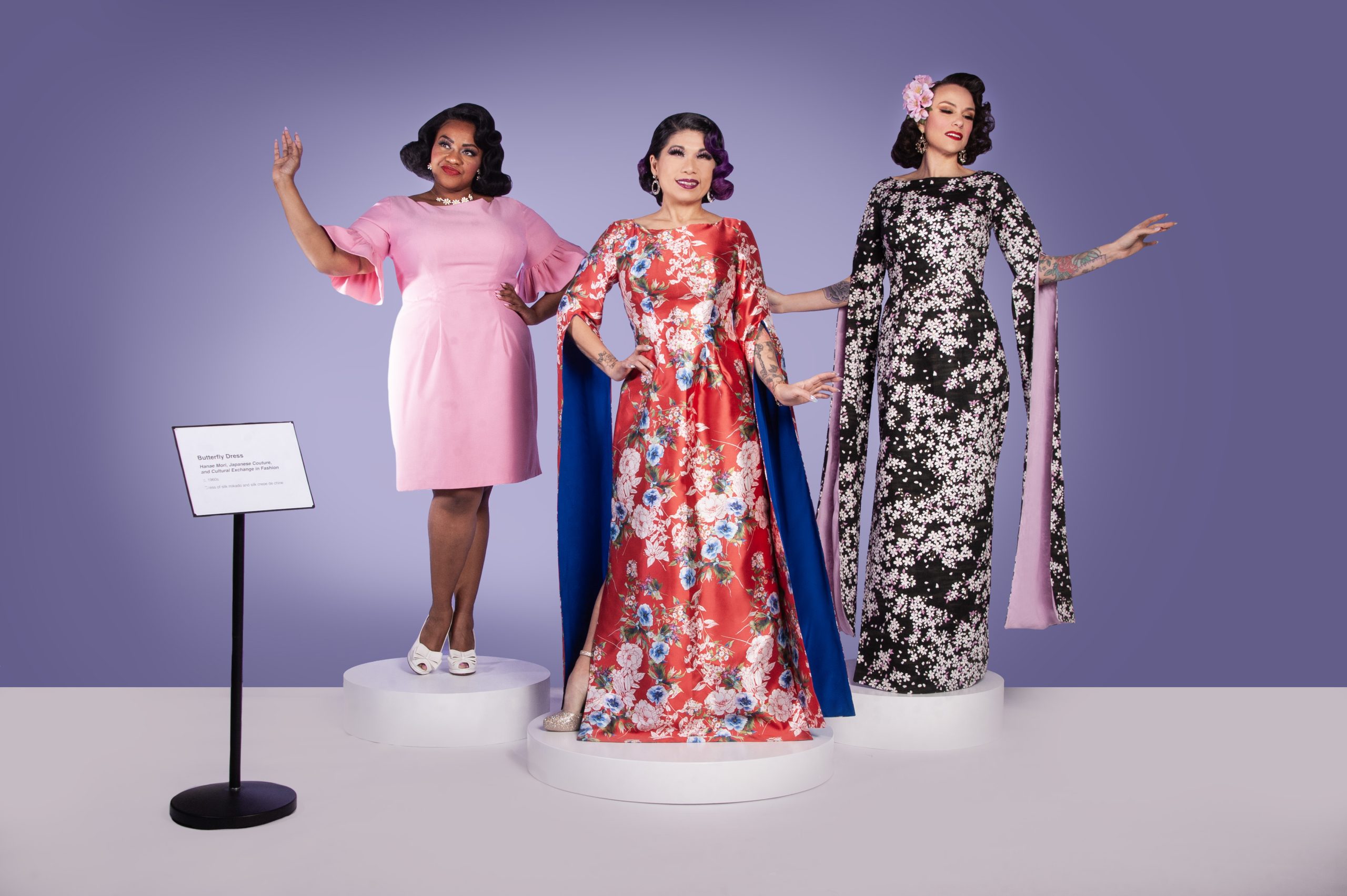 Gertie, Calamity Chang, and Susie Dahl wearing the Butterfly Dress sewing pattern from Charm Patterns.