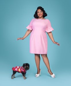 Susie Dahl wearing the Butterfly Dress sewing pattern from Charm Patterns.