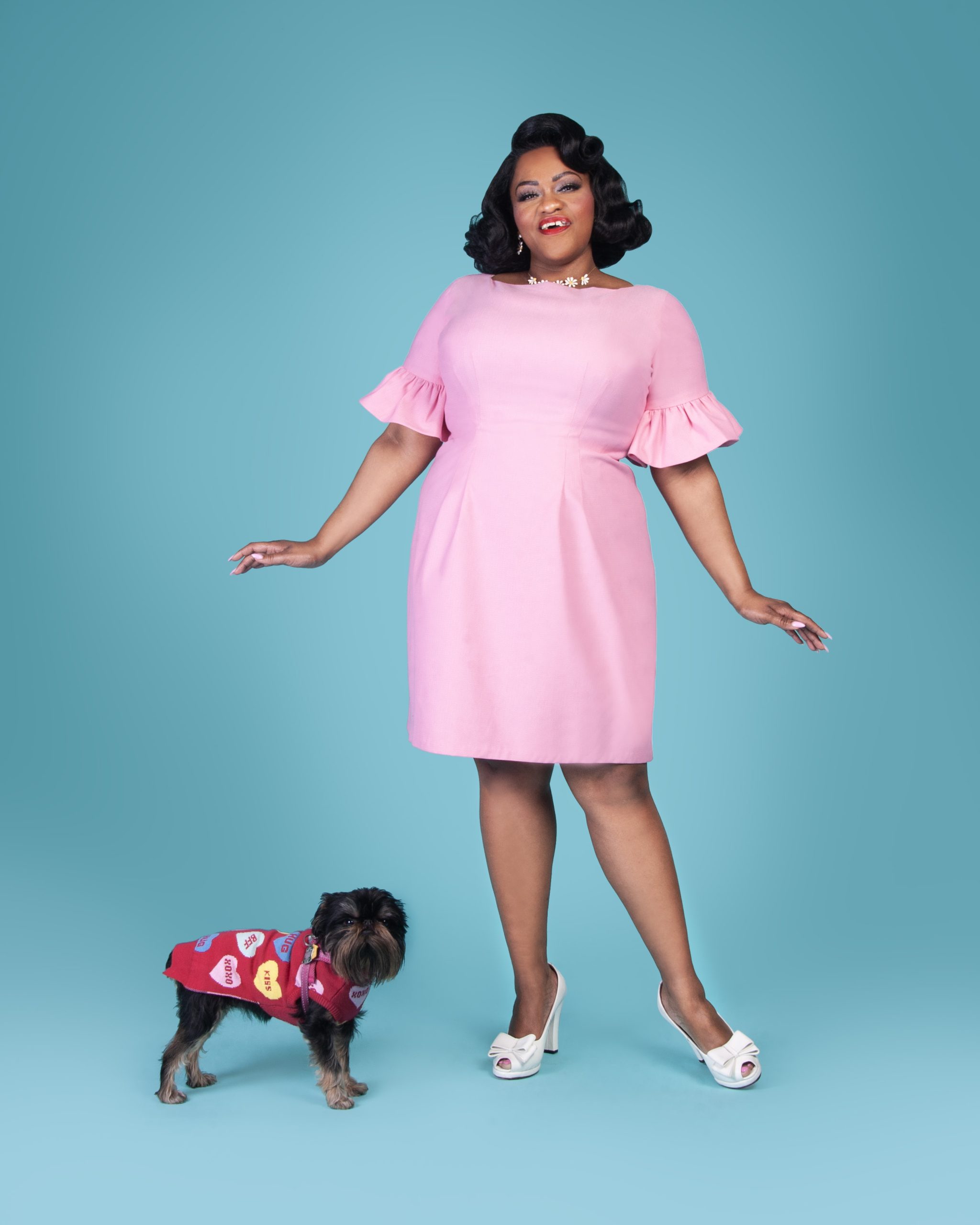 Susie Dahl wearing the Butterfly Dress sewing pattern from Charm Patterns.