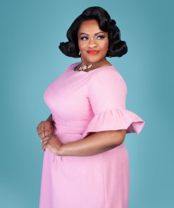 Susie Dahl wearing the Butterfly Dress sewing pattern from Charm Patterns.