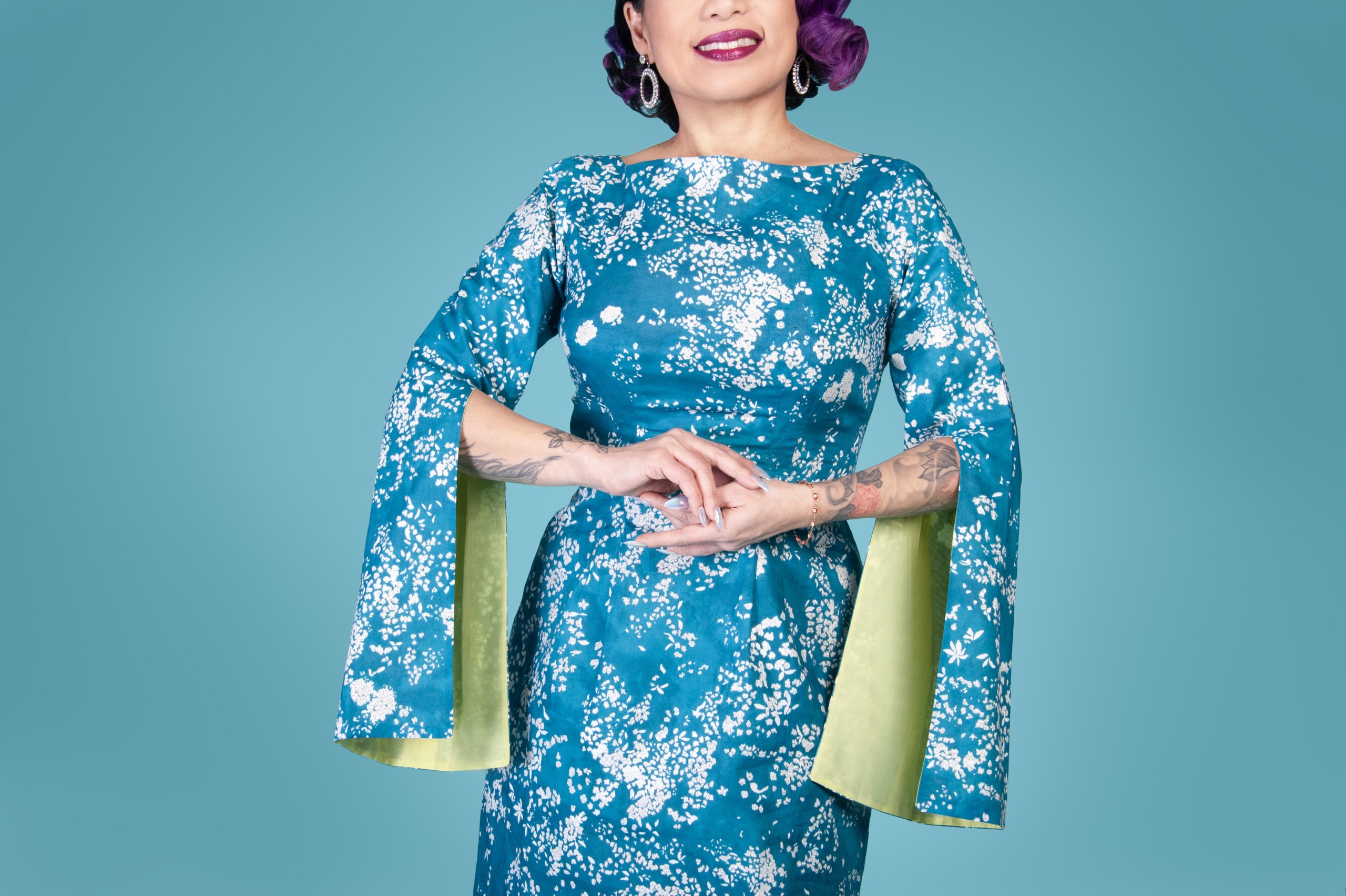 Calamity Chang wearing the Butterfly Dress sewing pattern from Charm Patterns.