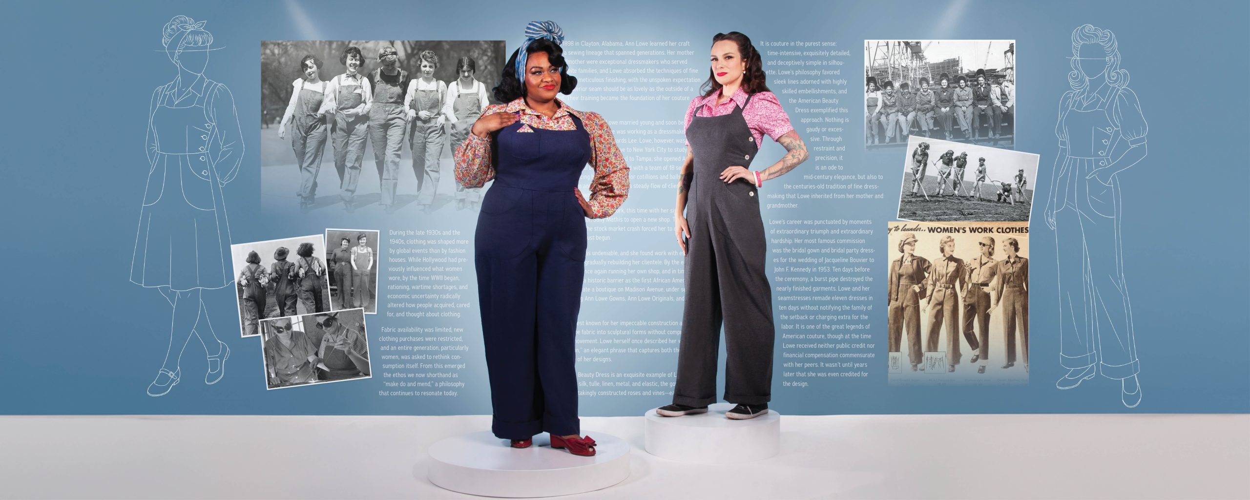 Susie and Gertie wearing the Make Do and Mend Overalls pattern with the Marlene Blouse pattern.