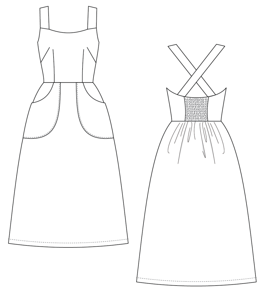 Make Do and Mend Dress sewing pattern line art.