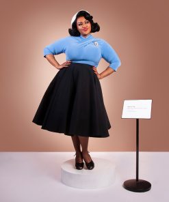Susie wearing a blue Sphinx Top and black Stanwyck circle skirt.