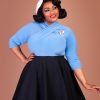 Susie wearing a blue Sphinx Top and black Stanwyck circle skirt.