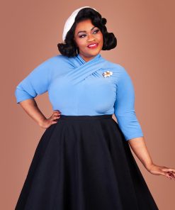 Susie wearing a blue Sphinx Top and black Stanwyck circle skirt.