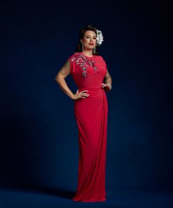 Gertie wearing a fuschia Siren Bodice with a Side Drape Skirt.