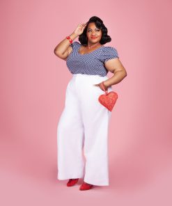 Susie wearing the Yves Trousers sewing pattern from Charm Patterns.