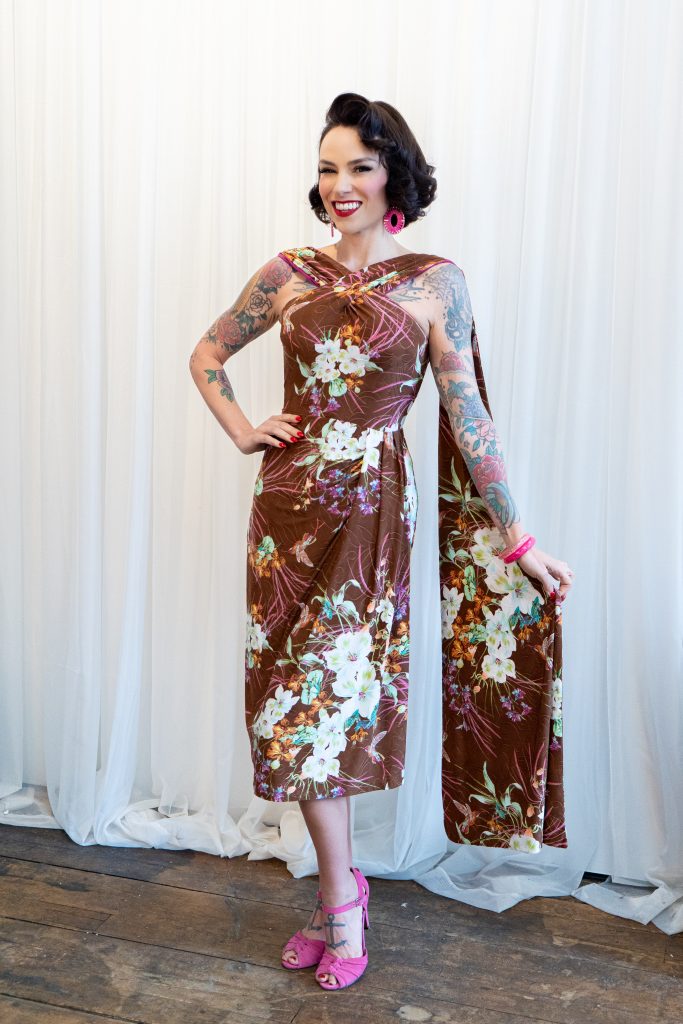 Gertie wearing the Knit Tropical Dress in brown floral jersey.