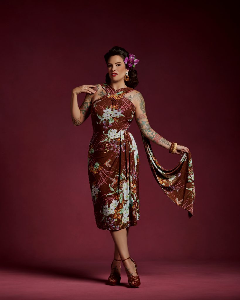 Gertie wearing the Knit Tropical Dress in brown floral jersey.