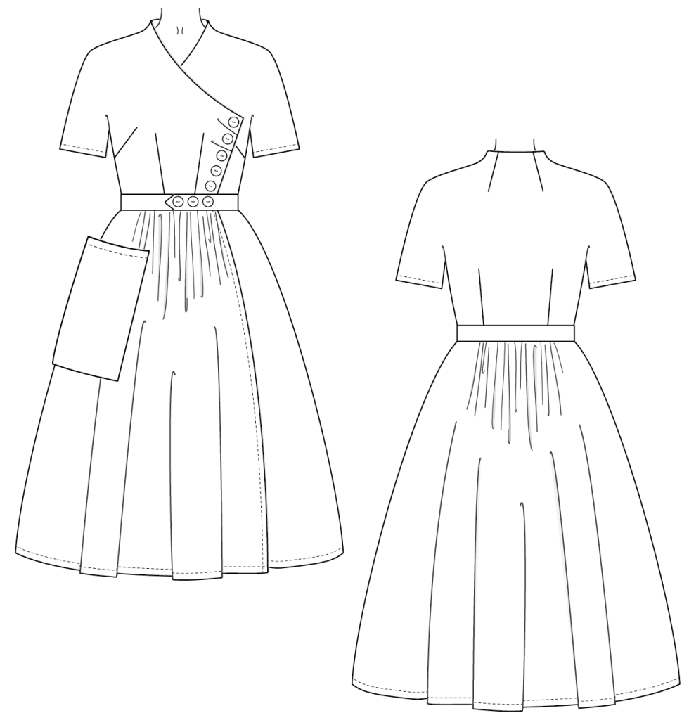 The Claire Dress sewing pattern line art from Charm Patterns.